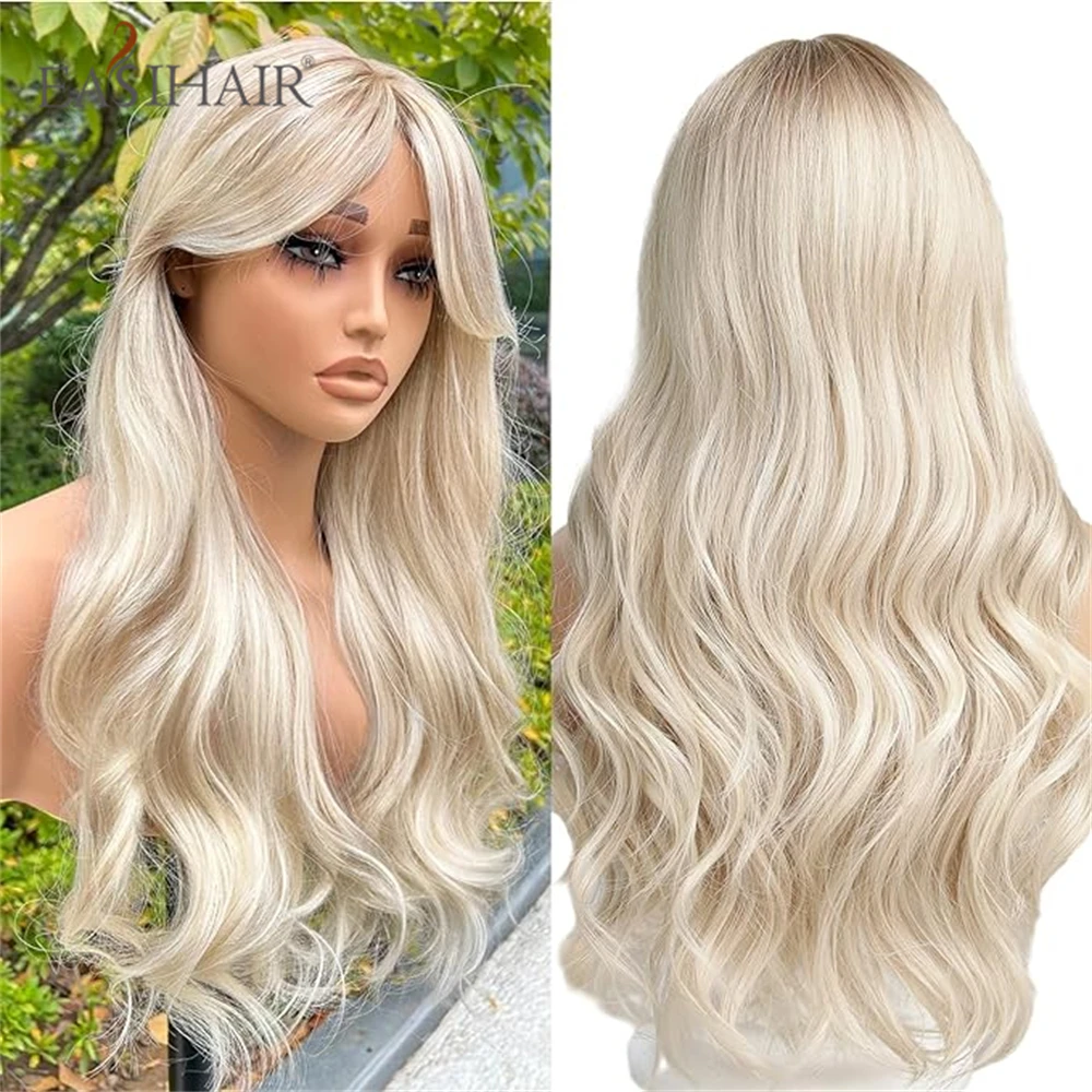 

EASIHAIR Ombre Platinum Blonde Long Wavy Synthetic Wig with Bang for Women Daily Cosplay Party Hair Wig Heat Resistant Fake Hair