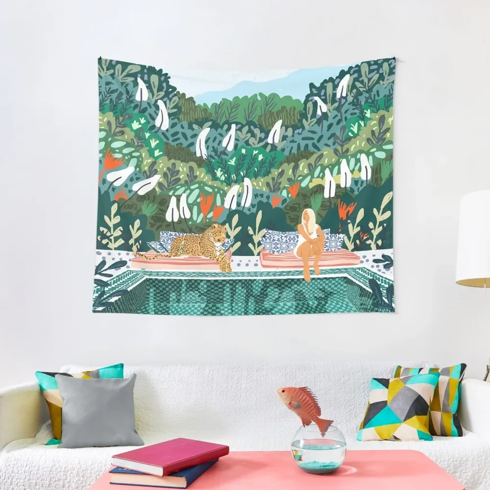 

Chilling by the pool with my leopard Tropical Jungle Nature Wildlife Bohemian Morocco Travel Tapestry