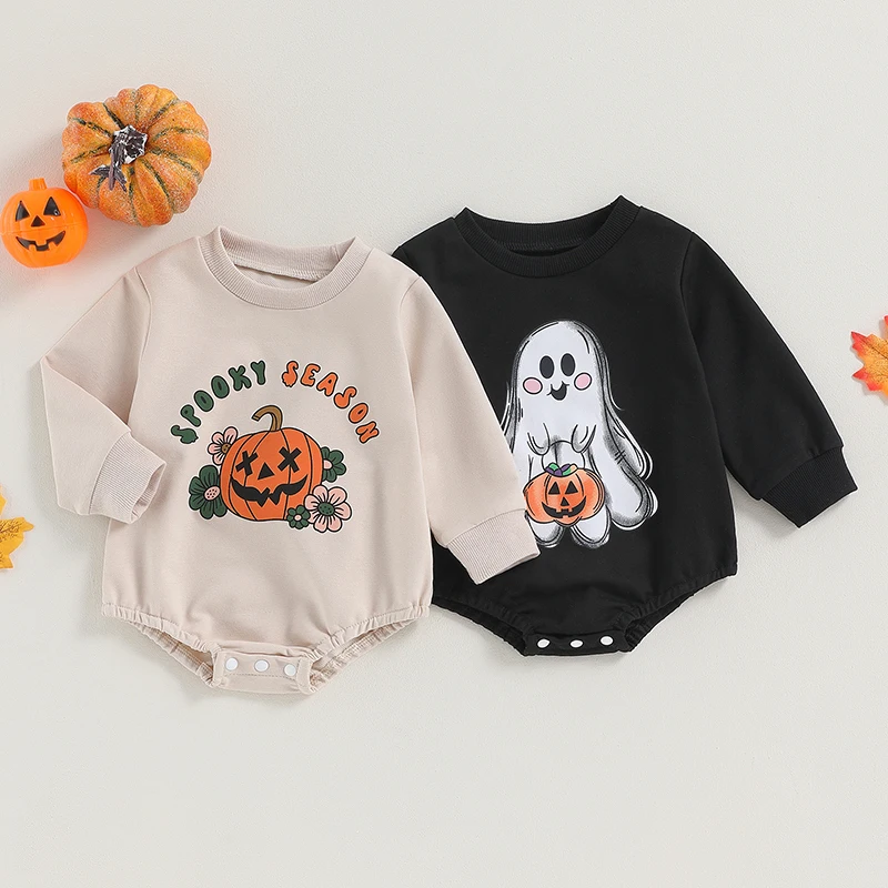 

0-18M Newborn Infant Baby Girls Sweatshirt Romper Fall Winter Casual Long Sleeve Ghost Pumpkin Print Jumpsuit Halloween Clothes