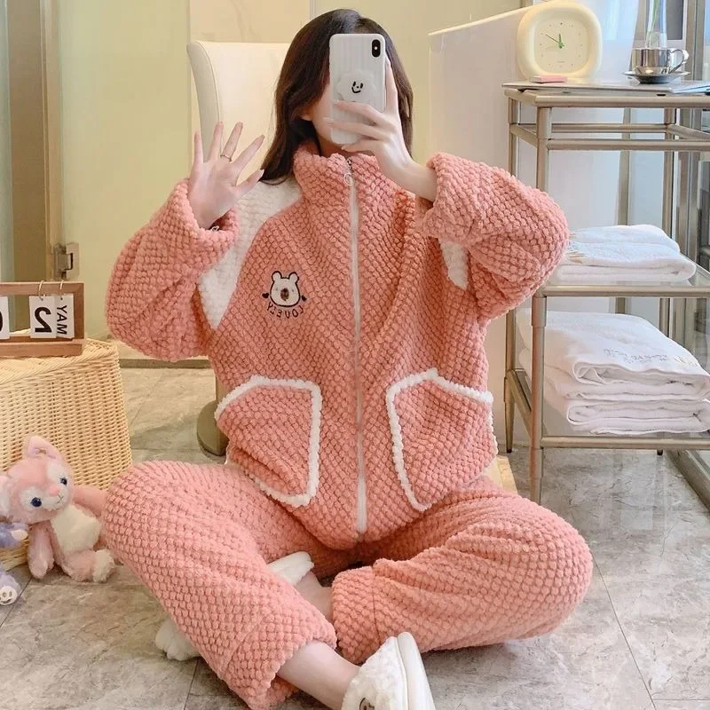 

Coral Velvet Pajamas Female Autumn Winter Large Size Plus Velvet Thickening Loungewear Loose Flannel Warm Homewear Sets 2023 New