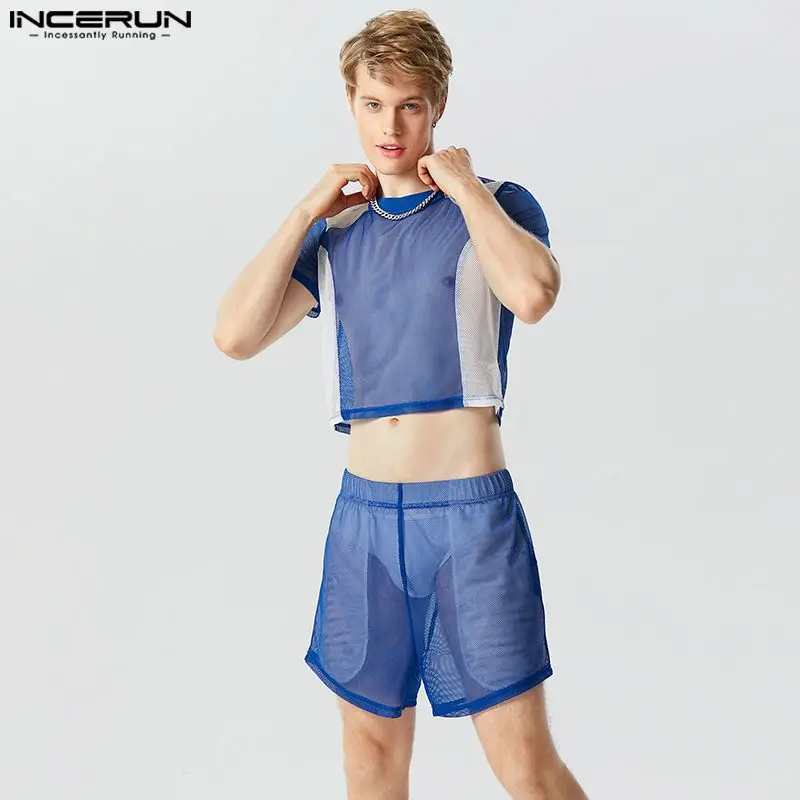 

INCERUN Men Sets Mesh Patchwork See Through O-neck Short Sleeve Crop Tops & Shorts 2PCS Streetwear 2024 Loose Men's Suits S-5XL