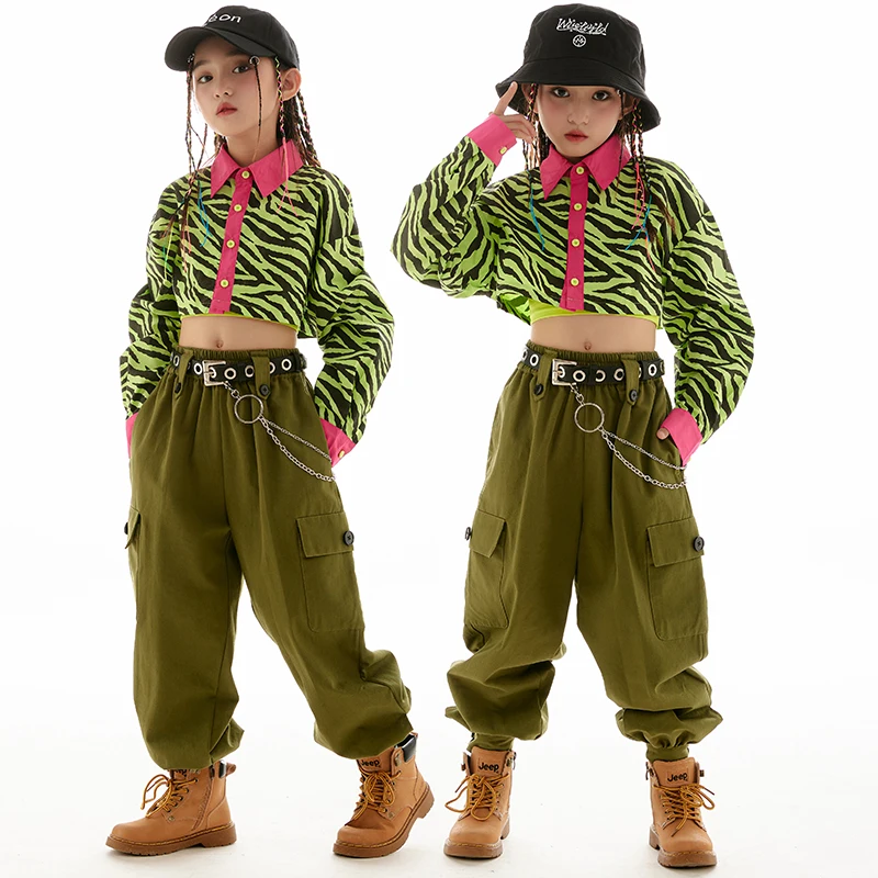 

Kids Hip Hop Costume Girls Fashion Zebra Print Tops Army Green Pants Ballroom Jazz Dance Clothes Stage Outfit Rave Wear BL9565