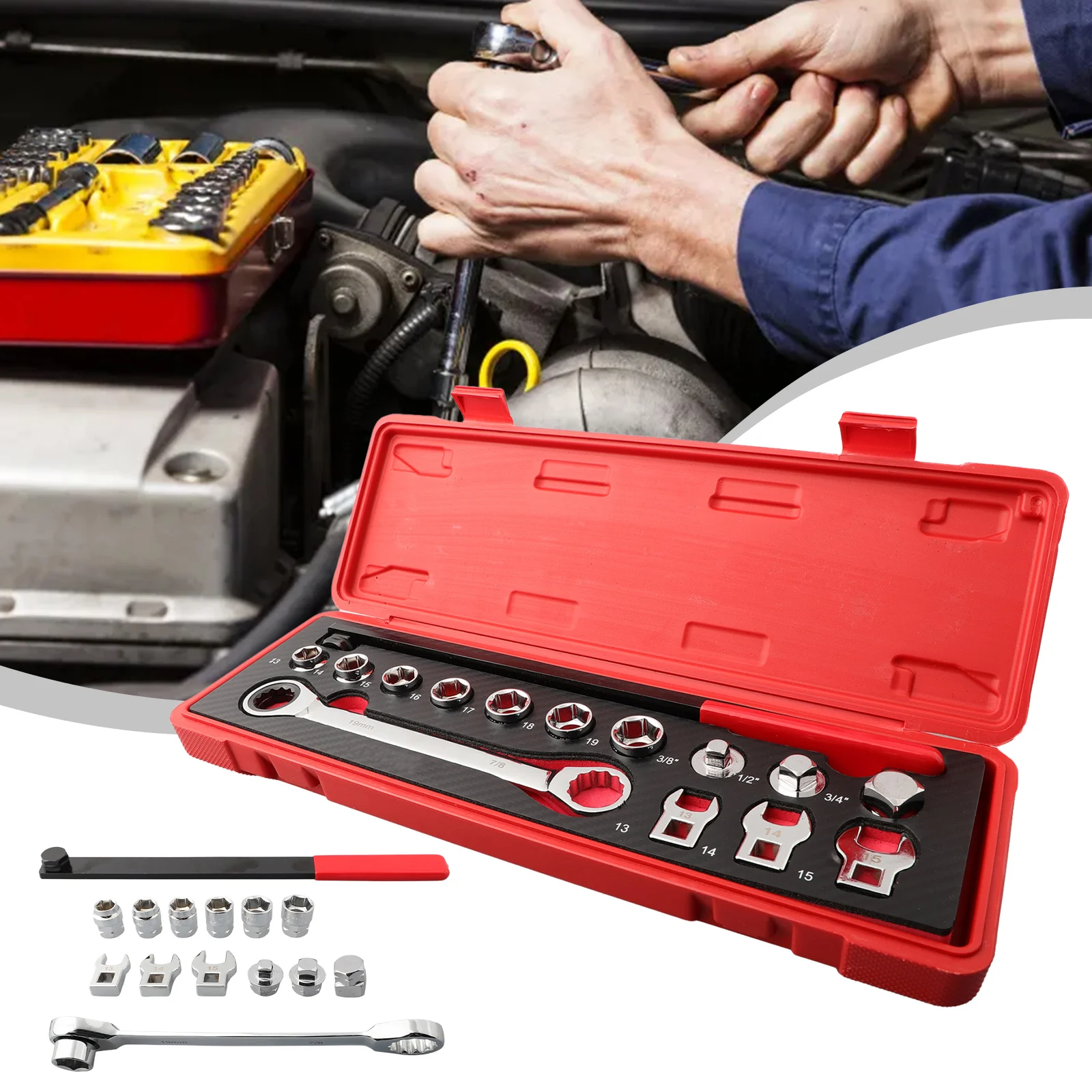 Heavy Duty and Reliable Ratcheting Serpentine Belt Tool Set Adjustable Disassembly Easy Auto Repair Kit 15pcs
Heavy Duty and Reliable Ratcheting Serpentine Belt Tool Set Adjustable Disassembly Easy Auto Repair Kit 15pcs