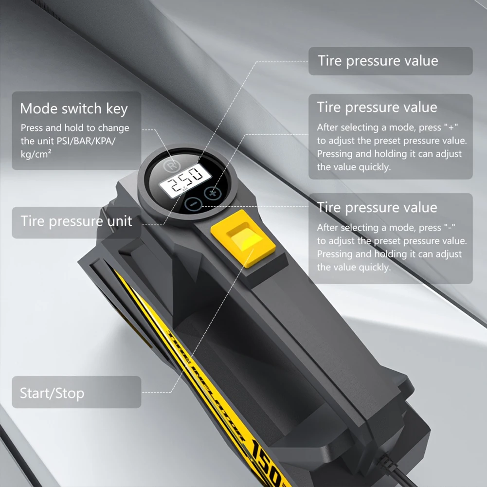 Inflador de Neumáticos Portátil de 150 PSI con Luz LED, Bomba Eléctrica Automática con Pantalla Digital para Neumáticos de Automóvil Inflador de Neumáticos Portátil de 150 PSI con Luz LED, Bomba Eléctrica Automática con Pantalla Digital para Neumáticos de Automóvil