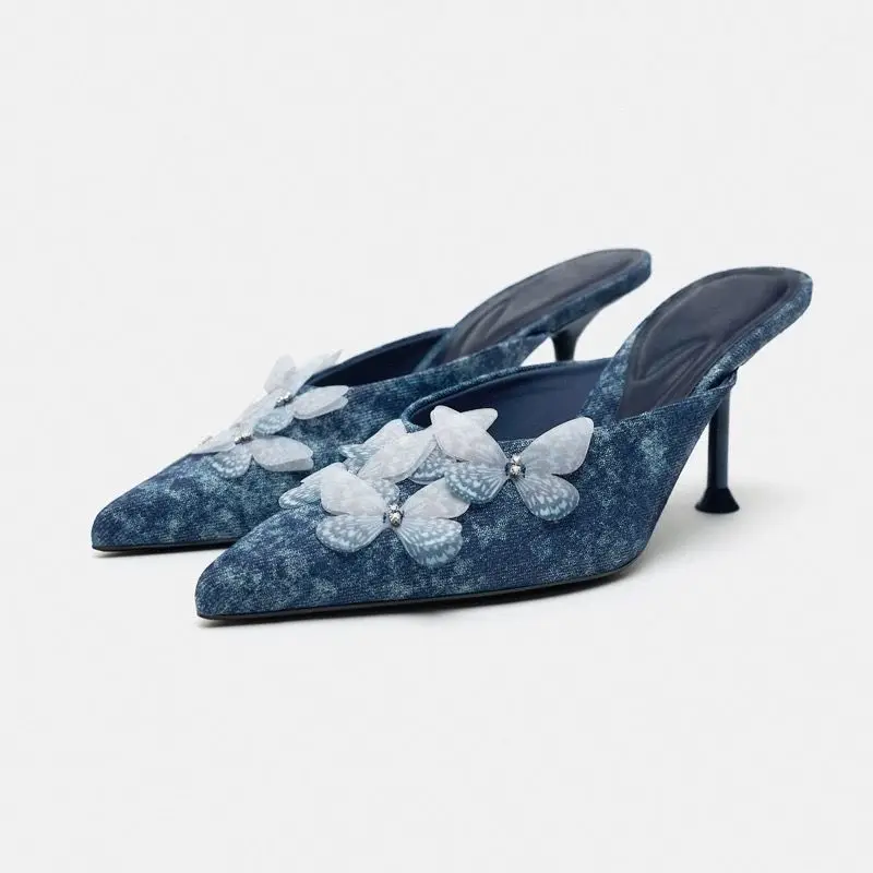 

ZA 2024 Early Spring New Women's Shoes Sea Blue Butterfly Embellishments Open Heel Muller High Heel Shoes Baotou Women Sandals