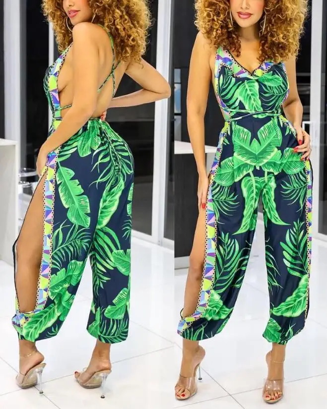 

Women's Jumpsuit 2023 Summer Sexy V-Neck Spaghetti Strap Tropical Print Split Hem Crisscross Backless Slit Jumpsuit Vacation