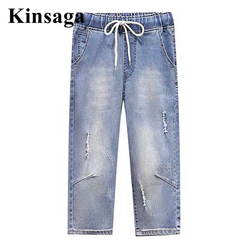 

Women Drawstring Waist Casual Stretchy Skinny Denim Breeches 4XL Summer Sexy Ripped Distressed 3/4 Crop Pants Capris Jeans Mom