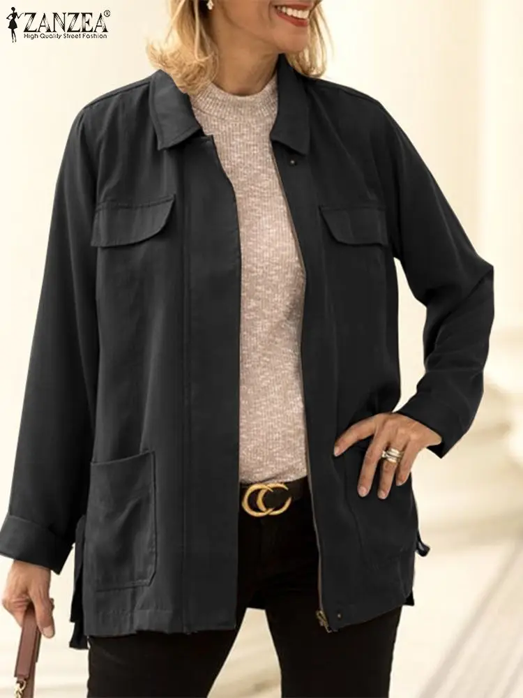 

Куртка ZANZEA женская с карманами на молнии, однотонная модная верхняя одежда с воротником с лацканами, повседневное Свободное пальто с длинным рукавом и Боковым Разрезом, весна 2024