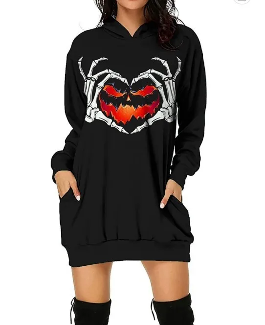 

2023 Spring and Autumn New Halloween Printed Hoodie Extended Trendy Long Loose Bodyguard Dress One Piece Dress