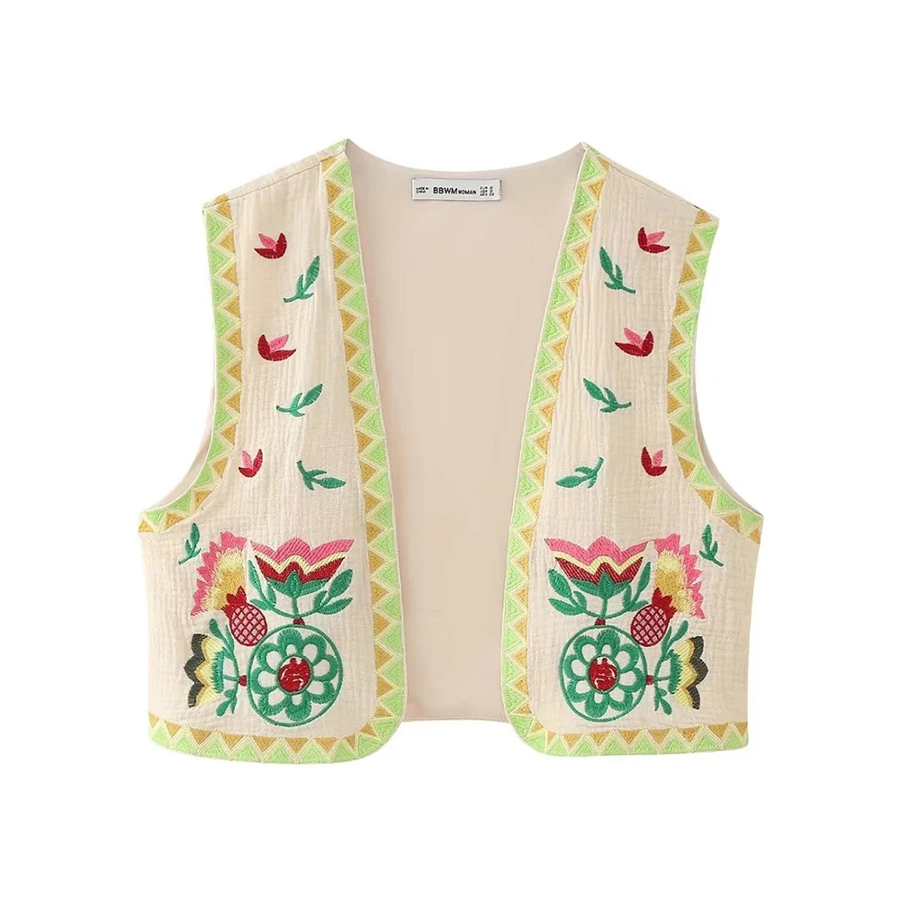 

Embroidered Floral Vest for Women Sleeveless Open Front Crop Top Vintage Boho Crochet Vests Cardigan Blouse Linen Streetwear