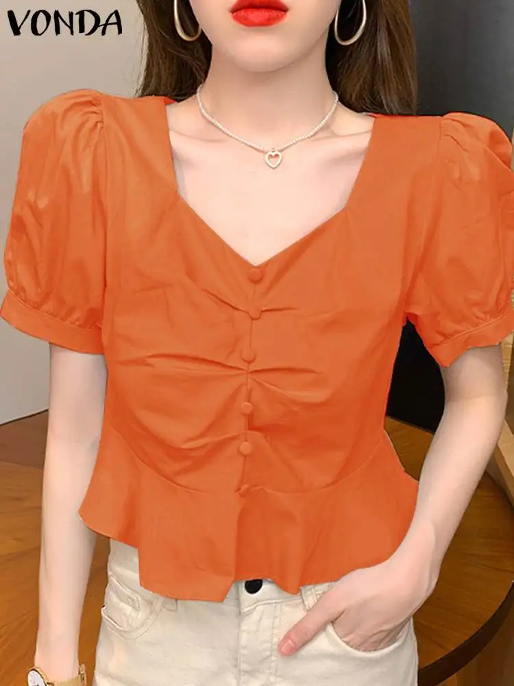 

VONDA летние элегантные топы, женские плиссированные рубашки 2024, блузки с коротким пышным рукавом и квадратным вырезом, модные однотонные женские блузы