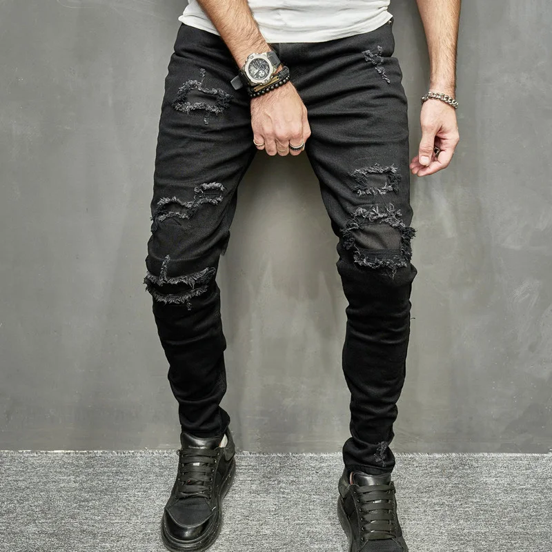 

Men's Skinny jeans Casual Slim Biker Jeans Denim Patchwork Distressed Tassel hiphop Ripped Pants Washed Pencil Pants 17B06
