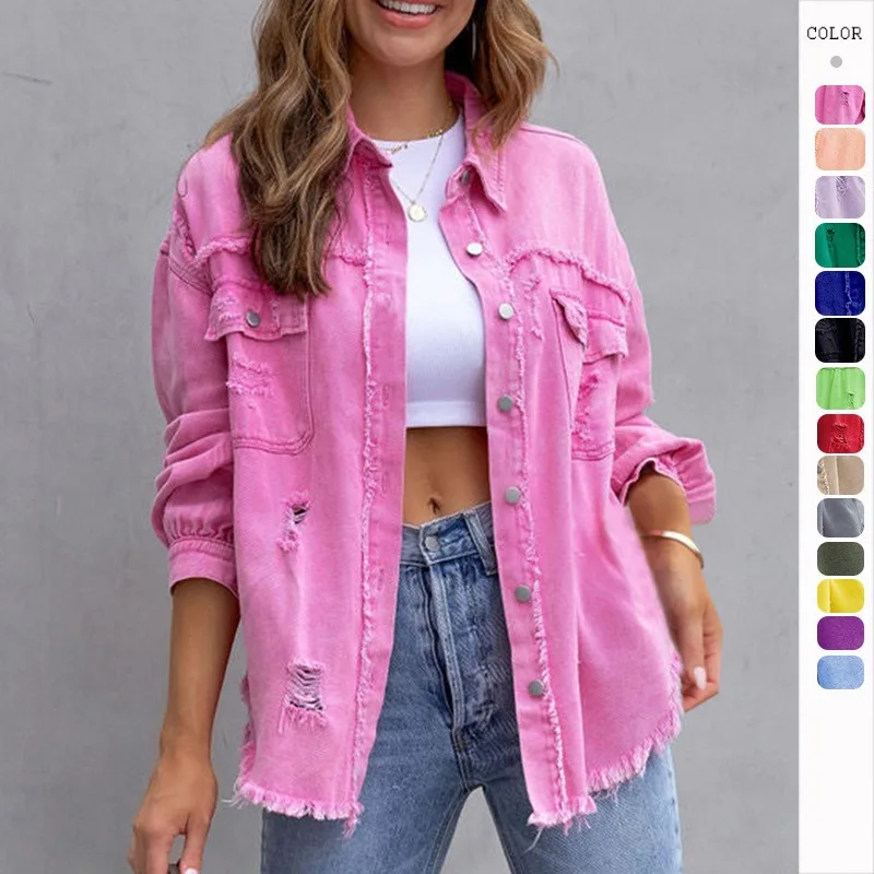 

Women's Oversized Distressed Denim Jacket Casual Boyfriend Button Up Frayed Jean Coat Long Sleeve Jacket Autumn Spring Outwear