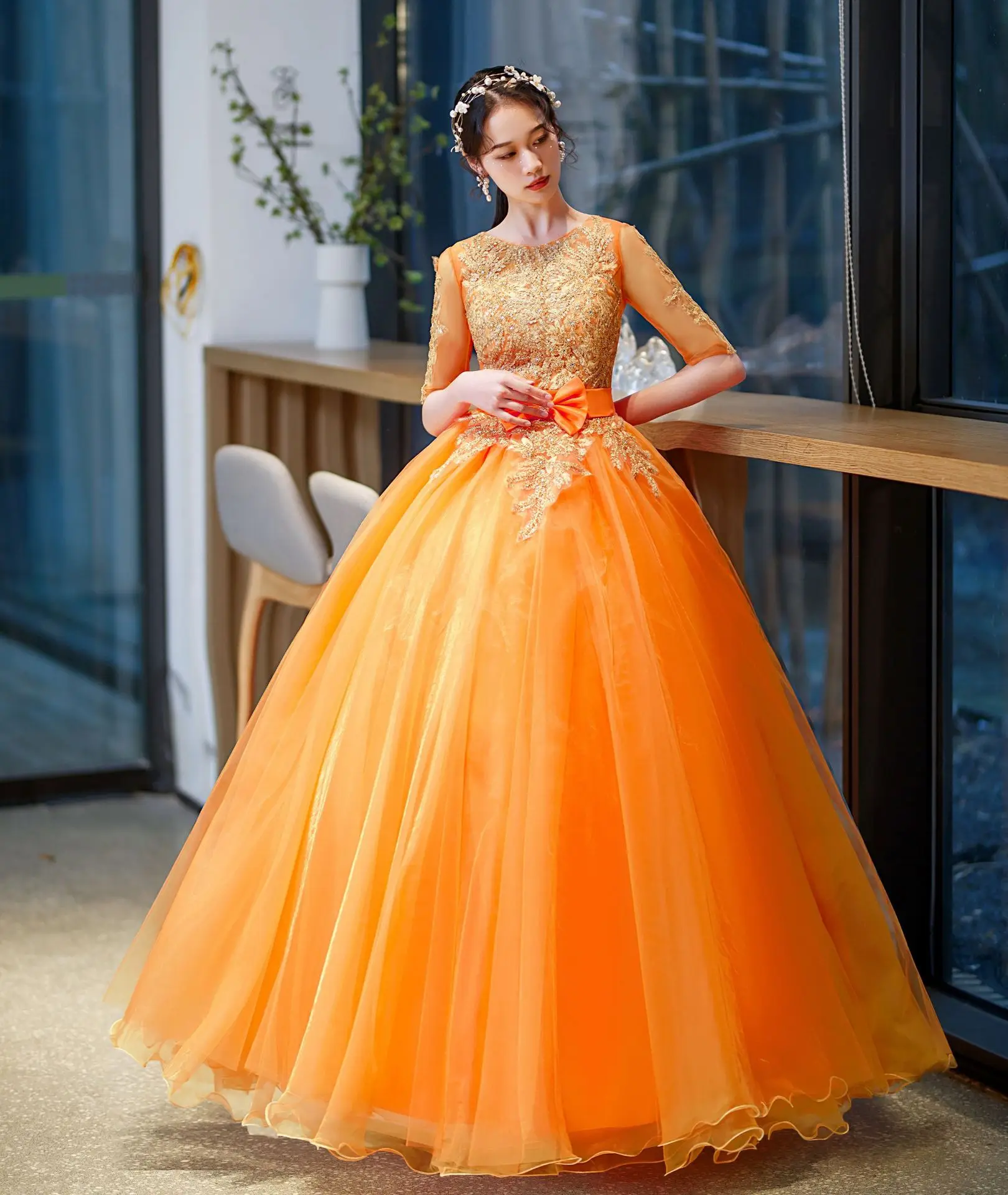 

Orange Quinceanera Dresses Bow Sweet 16 years Party Prom Vintage Floor-Length Tie Sequin Ball Gown Lace Embroidery Half Sleeves