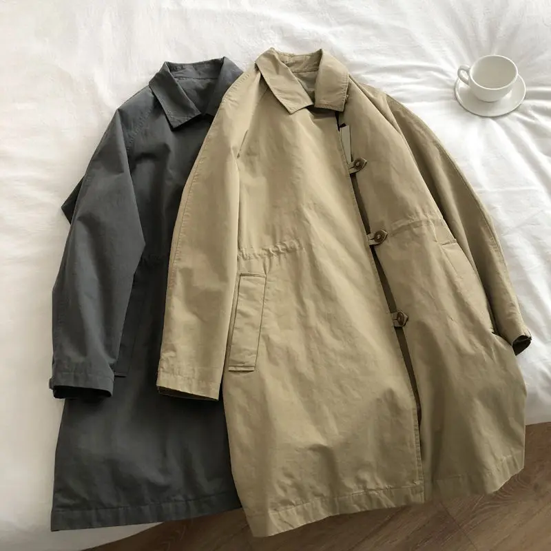 

Japanese Style Vintage Women Trench Coat Autumn Single Breasted Pocket Loose Mid Long Windbreaker Casual All-matched Overcoat