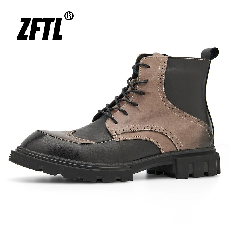 

ZFTL Men's Basic boots for men Color Blocking Brogue Winter British style Vintage mid-top Genuine Leather Boots Tooling Boots