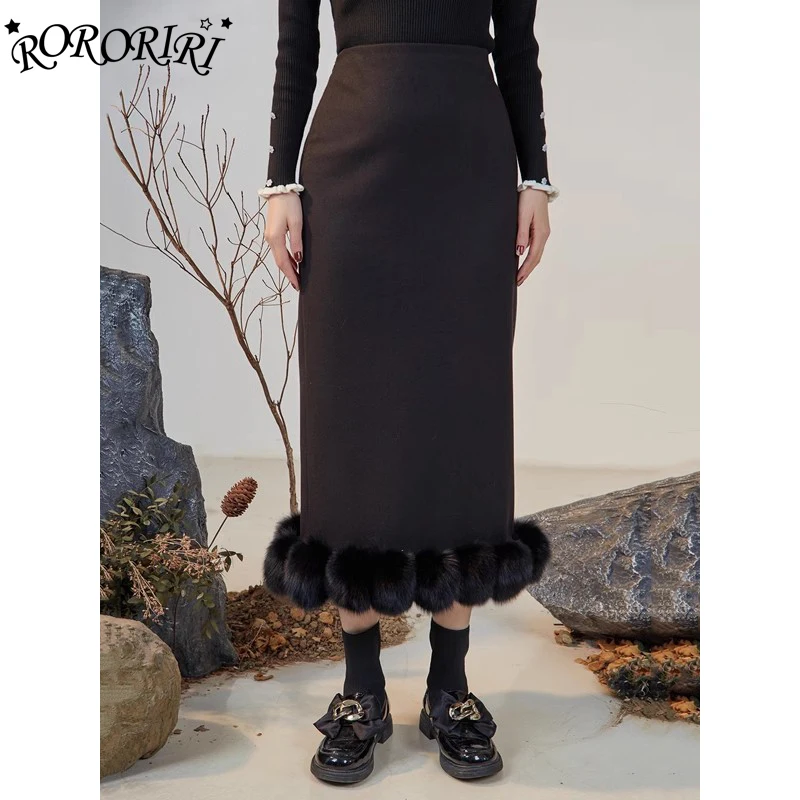 

RORORIRI Black Pom-pom Fishtail Long Skirt Women 90s Retro Y2k High Waist Slit Back Mermaid Midi Skirt Pretty Elegant OL Clothes