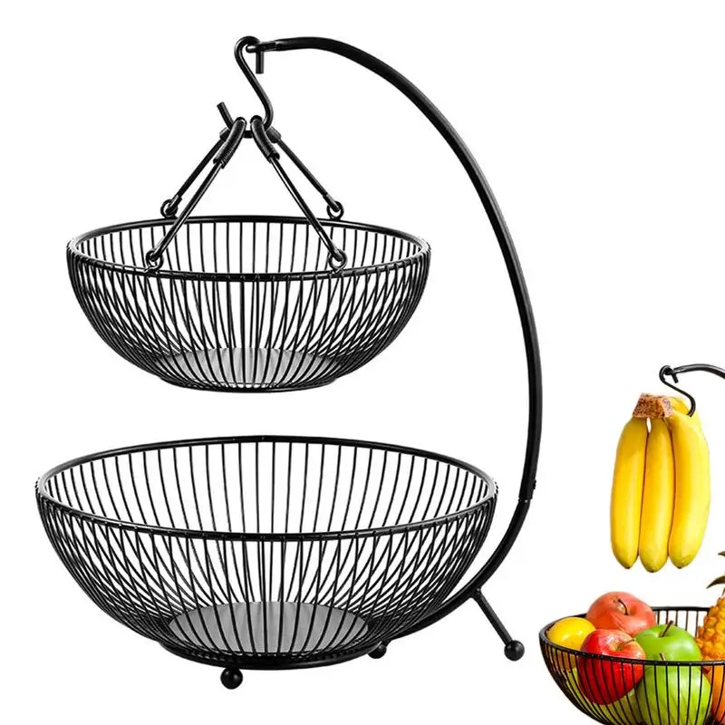 

Double Layer Fruit Basket Fruit Storage Countertop Handheld Metal Vegetable Basket Detachable With Banana Hanger Large Capacity
