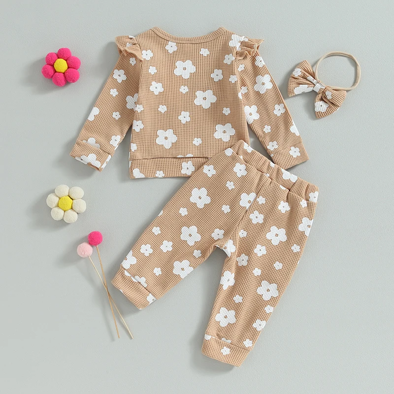 

Floral Outfit Toddler Girl Ruffle Sweatshirt Long Sleeve Waffle Knit Shirt Infant Baby Sweater and Pants Set 0-24M