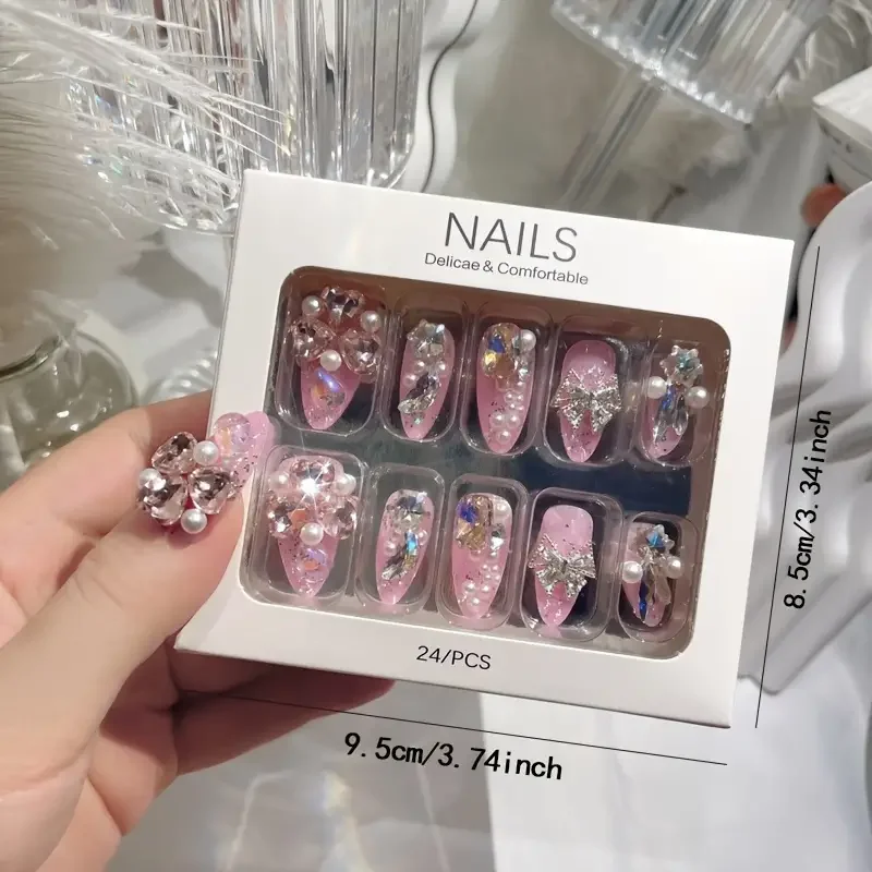 

24PCS/Set Long Oval False Nails 3D Heart Sparkling French Press On Nails Pink Full Cover Fake Nail Crystal Gem Design Nails Tips