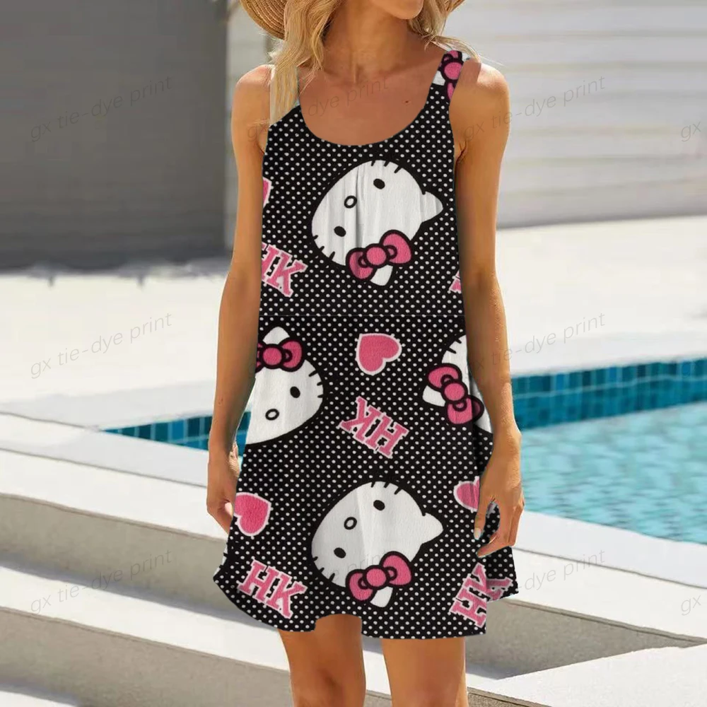 

Women Summer Spaghetti Strap O-Neck A-Line Mini Swing Dress Boho Vintage Hello Kitty Print Loose Beach Cami Sundress