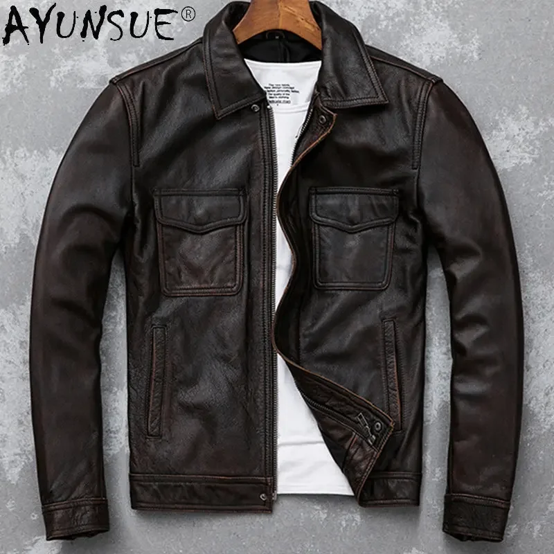 

AYUNSUE Autumn Genuine Cow Leather Jacket Vintage Short Slim Motorcycle Jackets Head Layer Cowhide Coats Lapel Clothes Abrigos