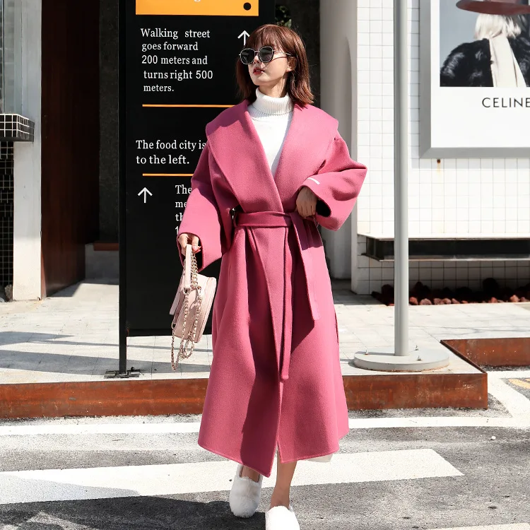 

Korean version of new autumn and winter double-sided hand sewn cashmere coat, women's loose and fat long black woolen wool