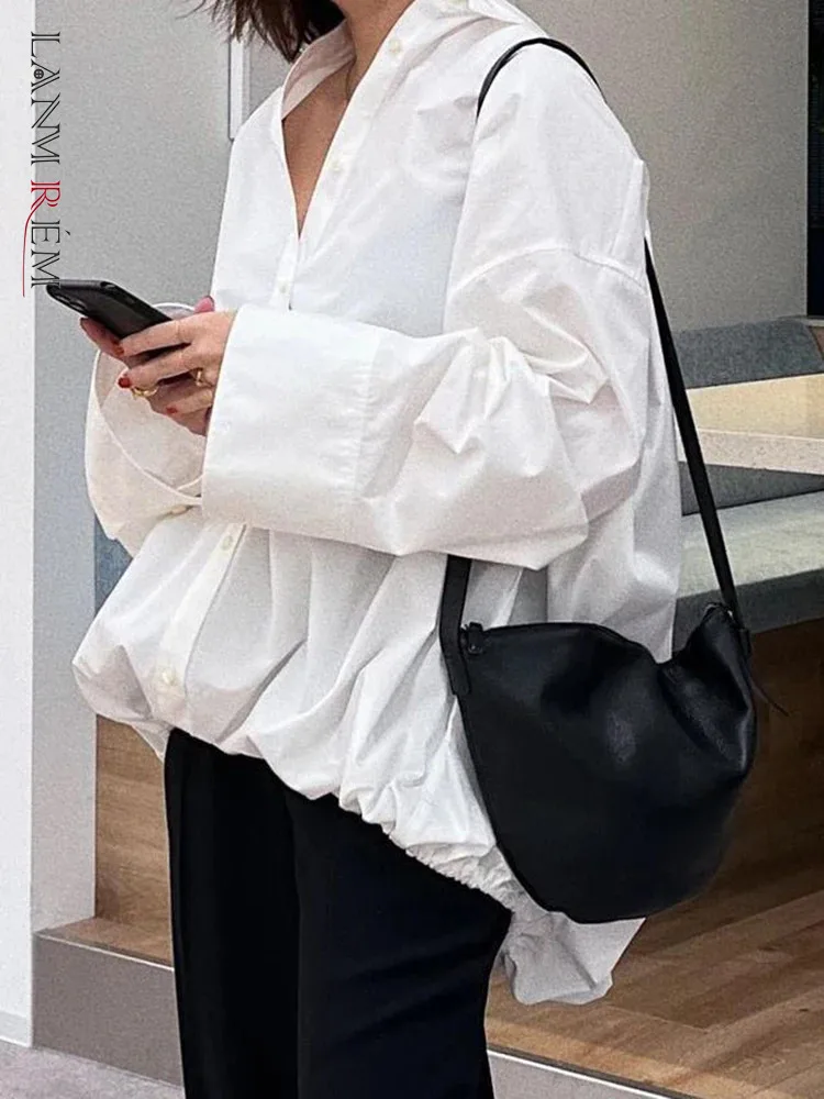 

[LANMREM] Women Casual Solid Color Shirt Lapel Long Sleeves Single Breasted Loose Tops Fashion 2024 Summer New Clothing 2AA2796