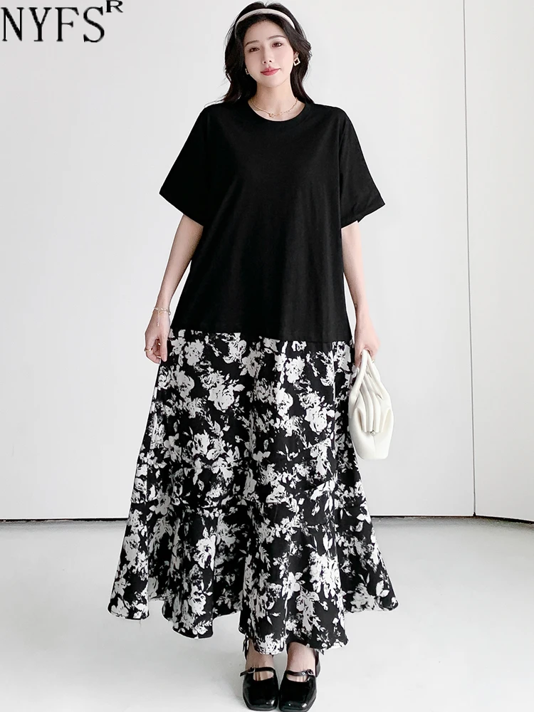 

NYFS 2024 Summer New Korea Woman Dress Vestidos Robe Elbise Loose Plus Size Patchwork Print Hem Short Sleeve Long Dresses