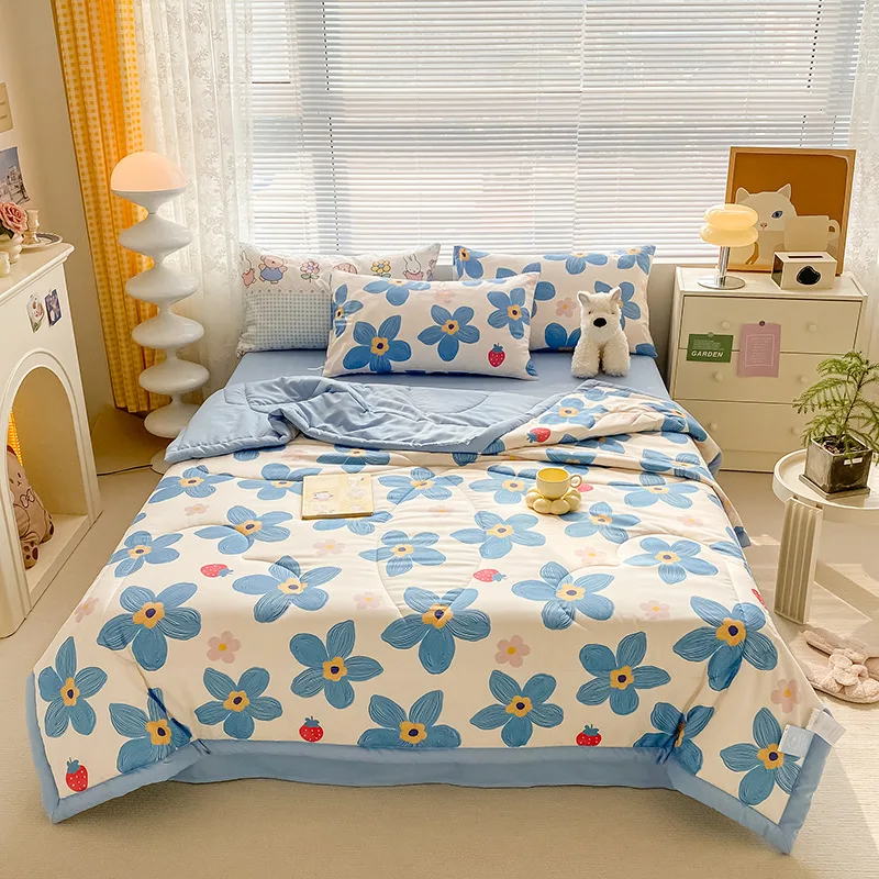 

Flower Washed Cotton Air Conditioner Quilt Soft Floral Printed Quilting Summer Mechanical Wash Comforter Single Double Blanket