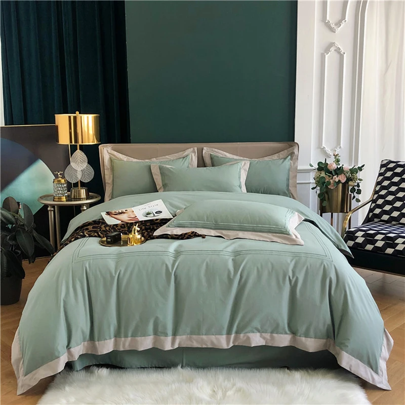 

2024 Newset 60 long-staple Cotton Stitching Embroidery Plain Four-piece Bed Sheet Cotton Hot-selling Light Luxury Bedding Green
