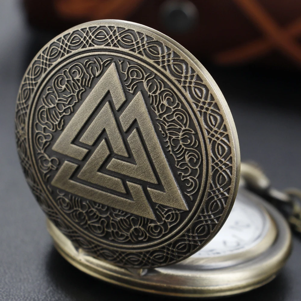 

Antique Triangle Mysterious Symbol Pattern Quartz Pocket Watch Bronze Vintage Fob Chain Clock Best Gift for Men and Women