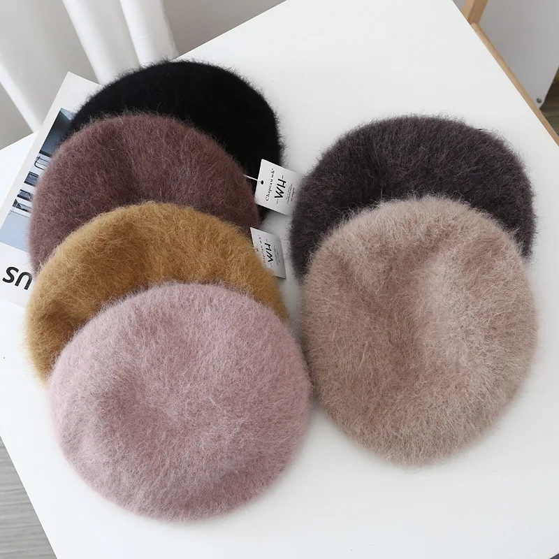 

Beanie Rabbit Hair Beret Hat Autumn Winter Cap women's Round Top New Long Plush Warm Knit Beret Literary Plush Painter Hats