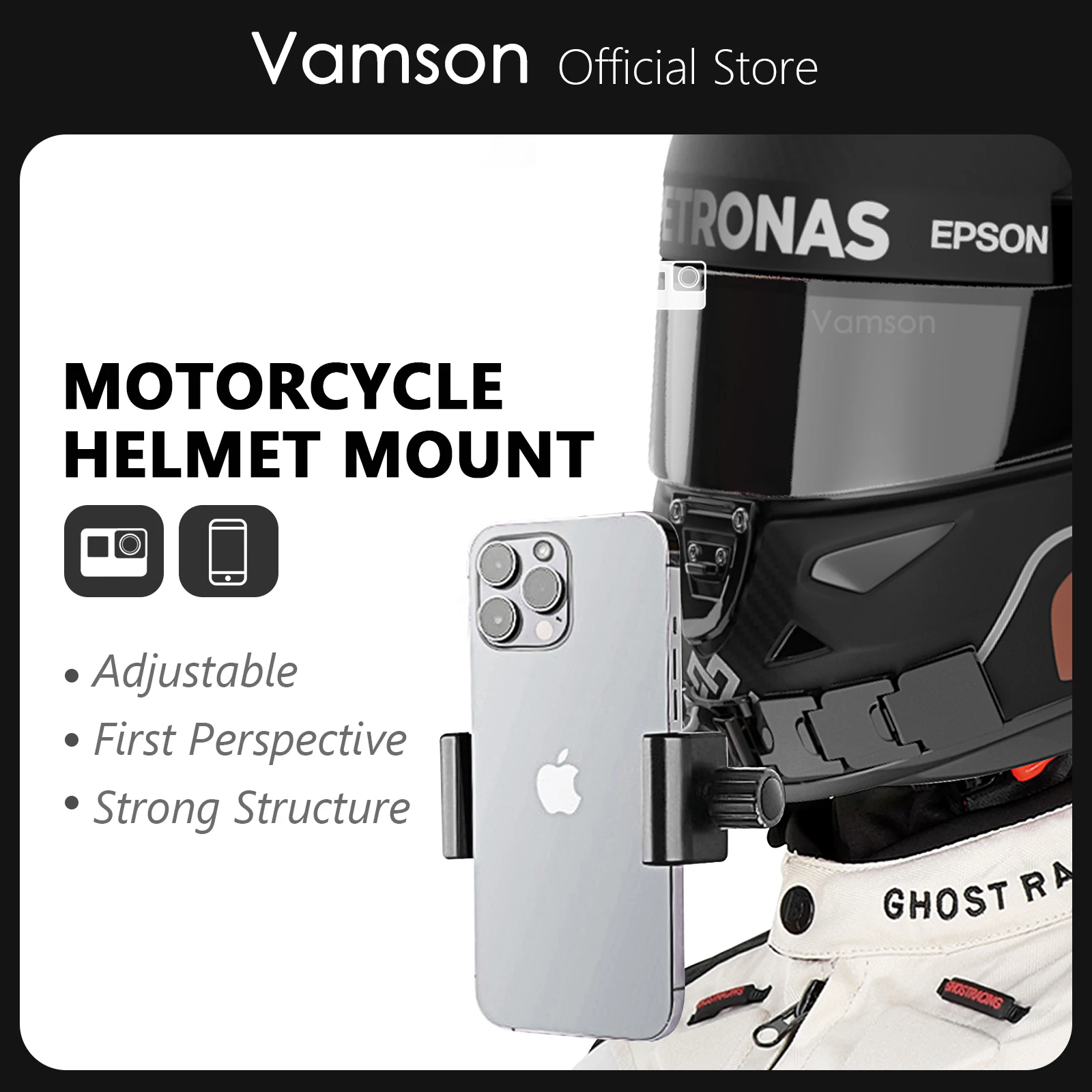 

Vamson Motorcycle Helmet Phone Holder Helmet Chin Stand Mount for GoPro Hero 12 11 10 Insta360 X3 DJI Action Camera Accessories