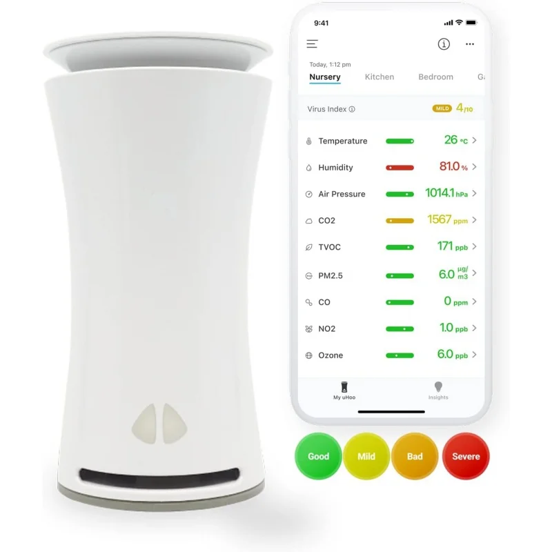 

Монитор воздуха uHoo Smart Air Monitor-Отслеживайте 9 факторов качества воздуха в помещении в режиме реального времени в приложении-с 1-летним Премиум включением, обнаруживает астму, Alle