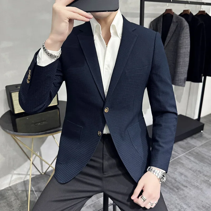 

2023 New high quality fashion with Korean version of handsome trend men's suit waffle plaid casual suit youth coat will west