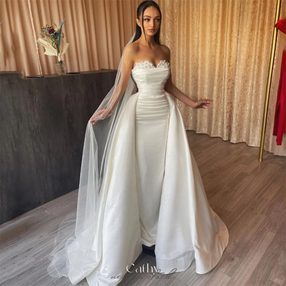 Cathy White Satin Wedding Dresses Mermaid Detachable Train Strapless vestidos de noche Elegant Sleeveless Formal Evening 2024
Cathy White Satin Wedding Dresses Mermaid Detachable Train Strapless vestidos de noche Elegant Sleeveless Formal Evening 2024