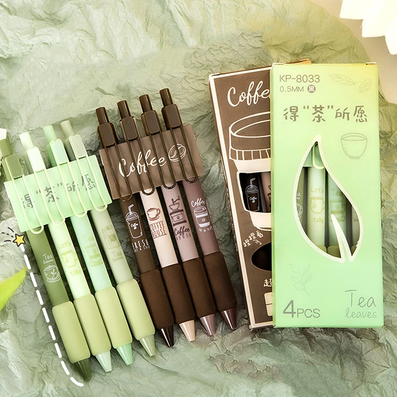 

4Pcs/set Green Coffee Series 0.5MM Gel Pen For Students Soft Touch Writing Pen Black Refill Stationery Office School Supplies