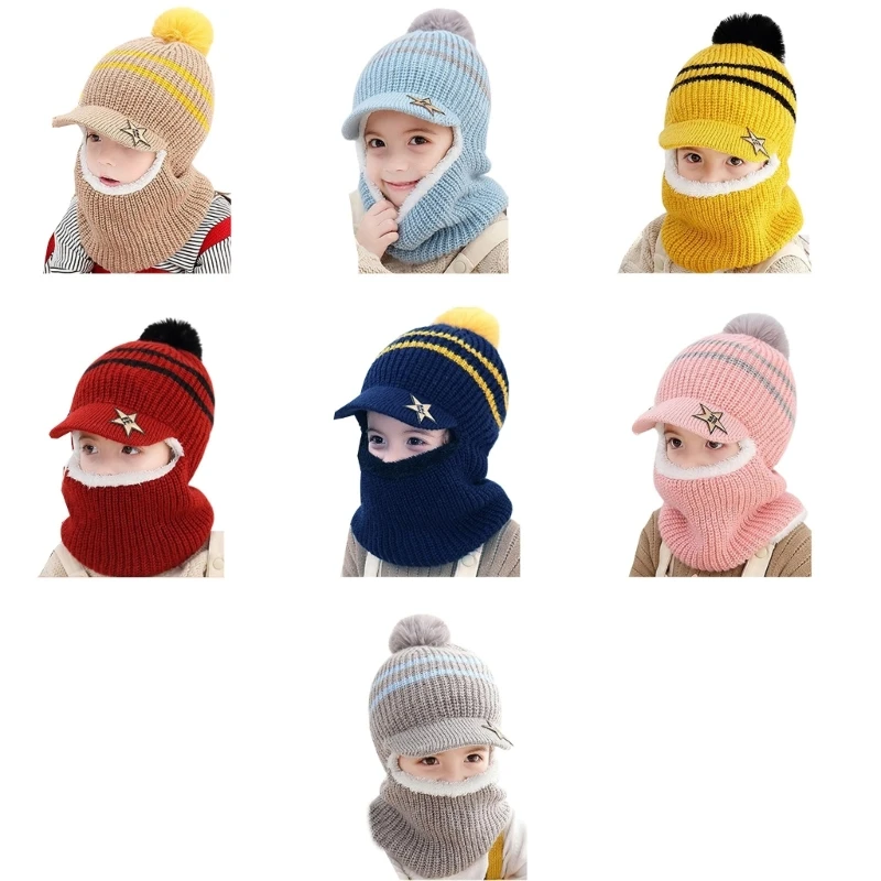 

2-6Y Toddler Hooded Beanie With Pom Poms Baby Snow Hats Girl Winter Hat Fleece Lining Toddler Hood Skull Caps