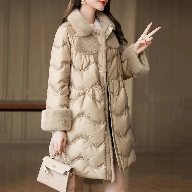 

New Imitation Mink Down Jacket Women's Winter Warm Cold Parker Overcoat Fashion High-End Female Long 90% White Duck Down Coat