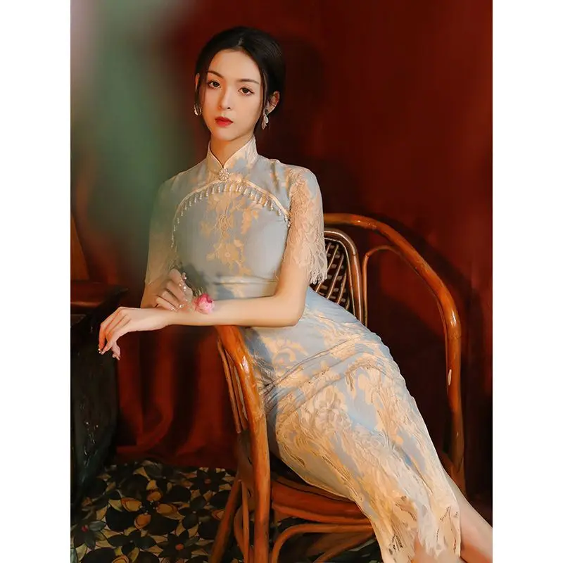 

Yourqipao Lace Cheongsam Evening Dresses 2023 New Fashion Retro Old Shanghai Republic of China Style Improved Qipao Prom Gowns