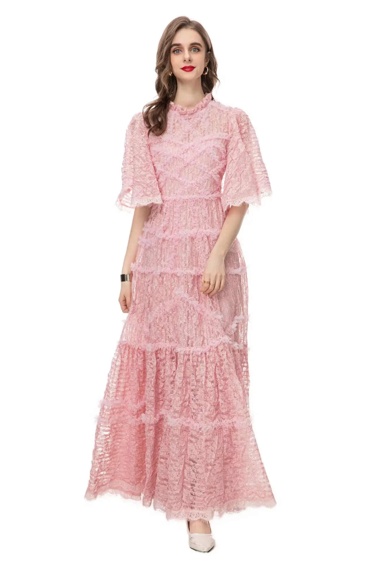 

Europe and the United States women's 2024 summer new Stand collar Five-quarter sleeve mesh pink lace Fashion pleated dress XXXL
