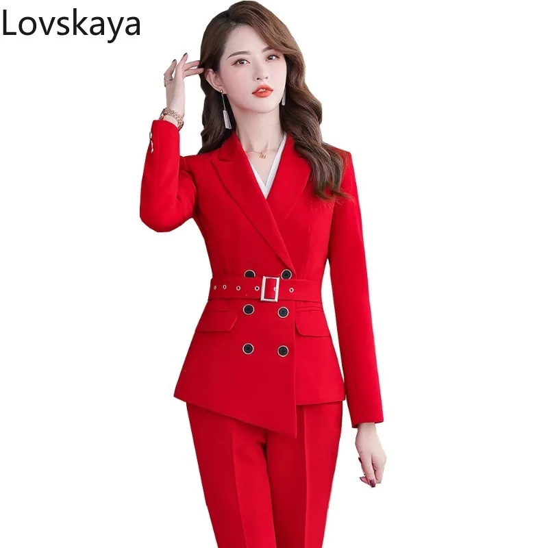 

Two Pieces Set Triple Breasted Blazer With Trouser For Winter Asymmetric Size Women Pant Suit With Belt Red White Black