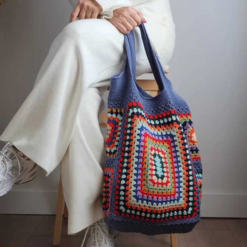 

Wonderful Blue Tone Colorful Crochet Granny Square Shoulder Tote Bag for Beach Chic Market Women Handbag Boho Vintage Style