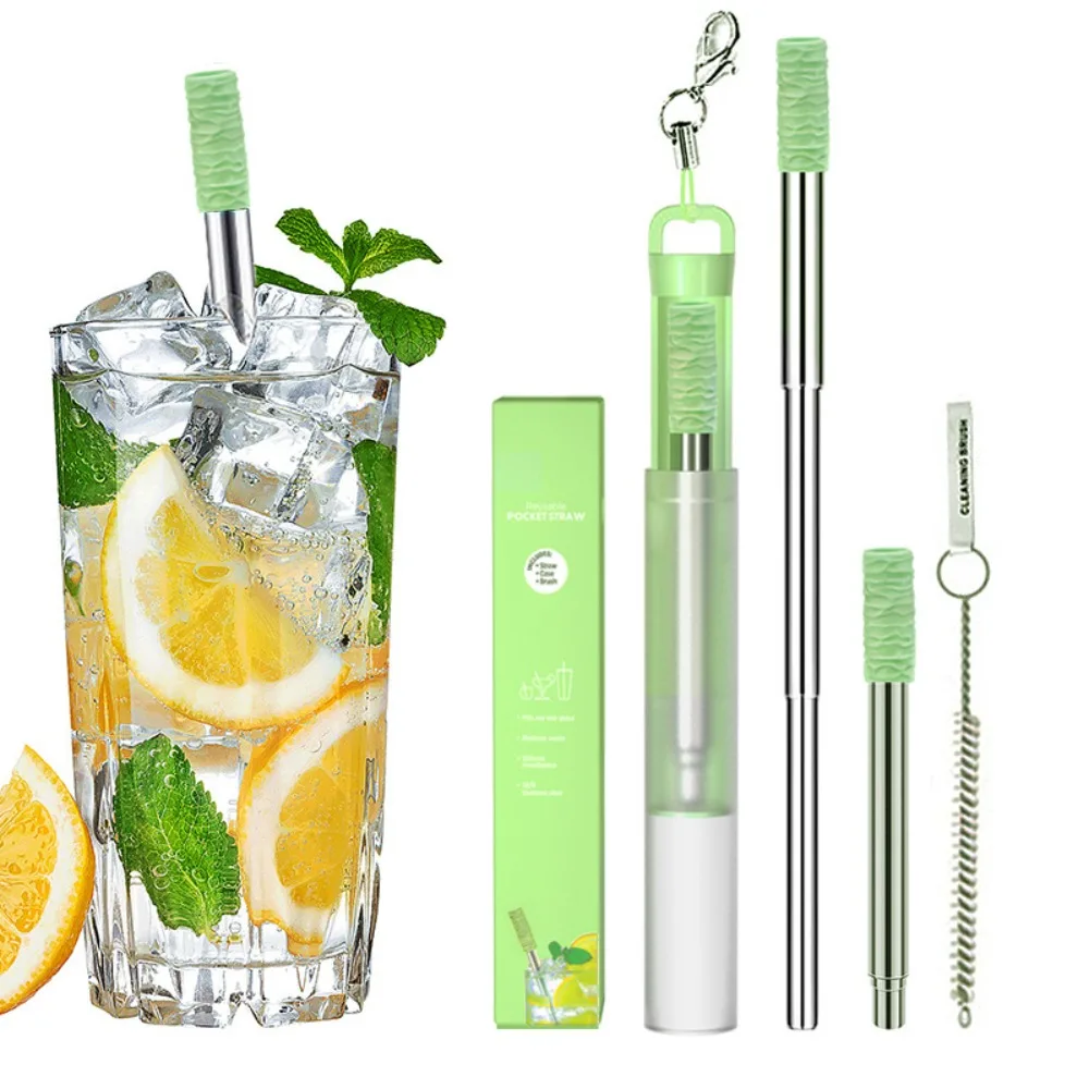 

Reusable Straws 304 Stainless Steel Straws Collapsible Portable Drinking Straw Travel Telescopic Straw with Silicone Tips