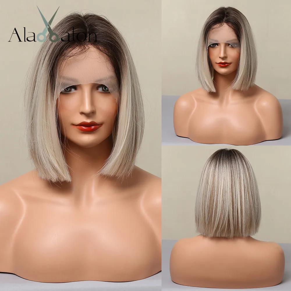 

ALAN EATON Short Ombre Blonde Lace Front Wig Synthetic Blonde Straight Bob Heat Resistant Wig Natural Looking Hair for Daily Use