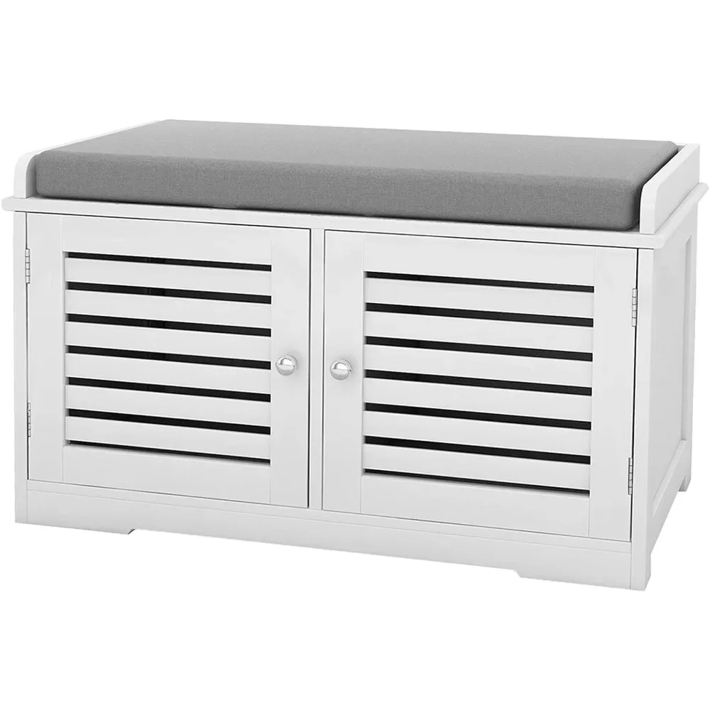 

White Shoe Rack Bench With 2 Doors & Padded Seat Cushion in Grey Cabinet Shoe Entryway Bench With Shoe Organize