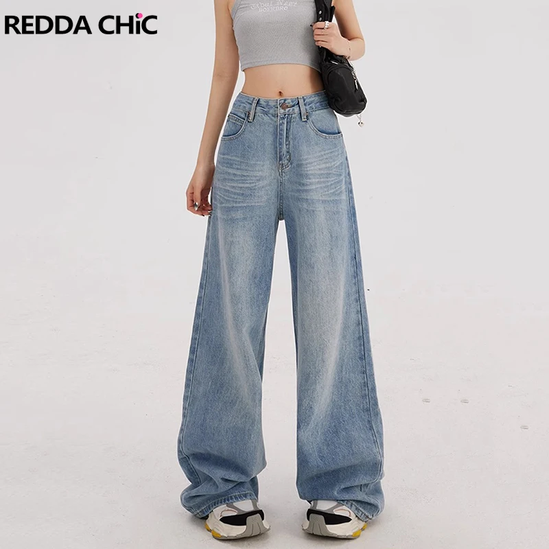 

ReddaChic Korean Brushed Blue Baggy Jeans Women Plain Loose Casual High Waist Wide Leg Pants Denim Trousers Y2k Vintage Clothes