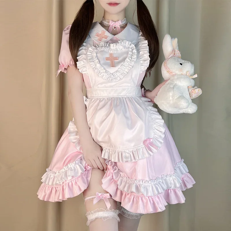 

Костюм горничной для косплея аниме крем милое розовое платье Лолиты Милая одежда для девушек Униформа с коротким рукавом костюм медсестры платья