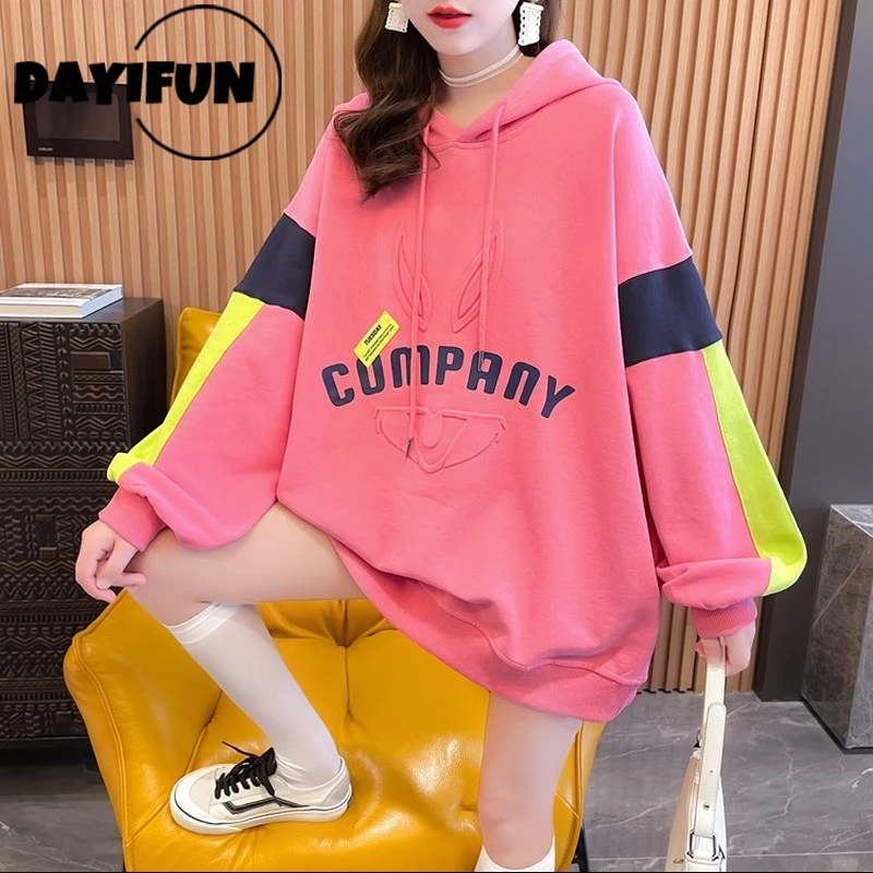 

DAYIFUN Autumn Letter Print Sweatshirt Female Korean Color-blocking Long Sleeve Hoodie Loose Large Size Women's Tops Thin